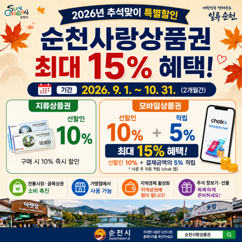 순천사랑상품권 15% 할인 확정, 2026년 추석 9월·10월 혜택 총정리