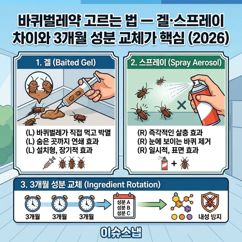 바퀴벌레약 고르는 법 — 겔·스프레이 차이와 3개월 성분 교체가 핵심 (2026)