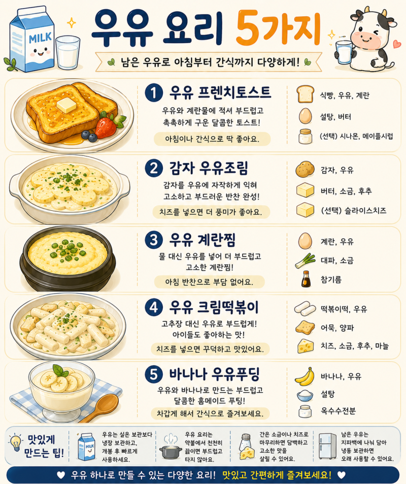 우유 요리 5가지, 남은 우유로 아침부터 간식까지 만들어봐요