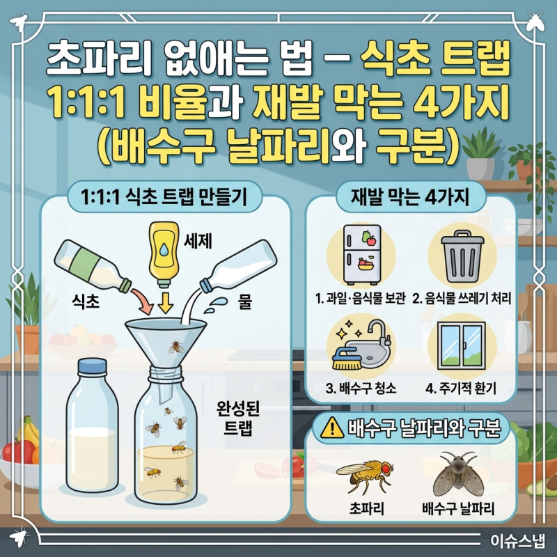 초파리 없애는 법 — 식초 트랩 1:1:1 비율과 재발 막는 4가지 (배수구 날파리와 구분)