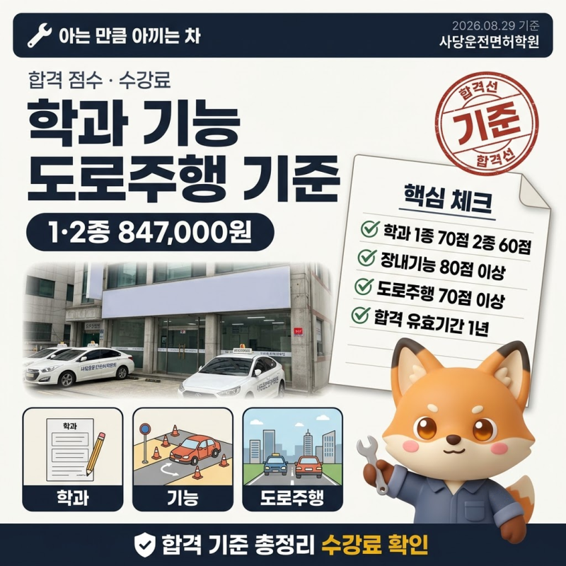 사당운전면허학원 학과 기능 도로주행 합격 점수와 수강료