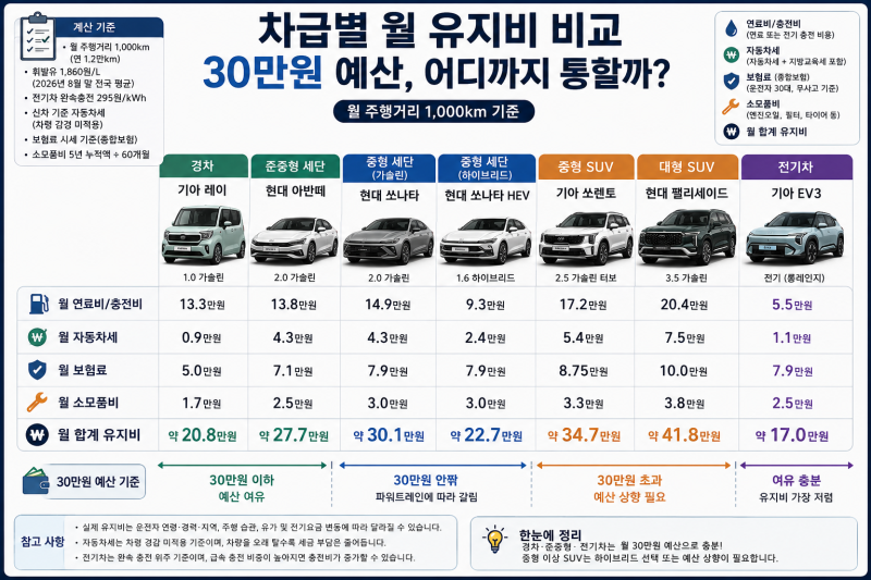 자동차 유지비 월 30만원, 차급별로 계산해보니