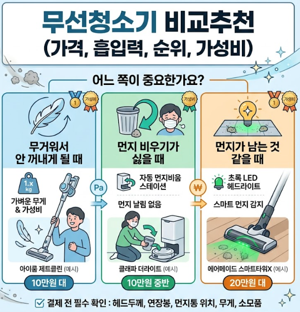 무선청소기 비교추천 (가격, 흡입력, 순위, 가성비)