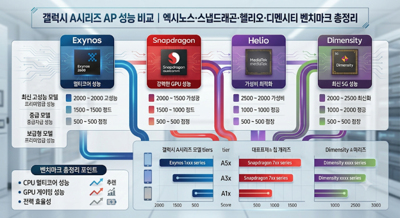 갤럭시 A시리즈 AP 성능 비교｜엑시노스·스냅드래곤·헬리오·디멘시티 벤치마크 총정리