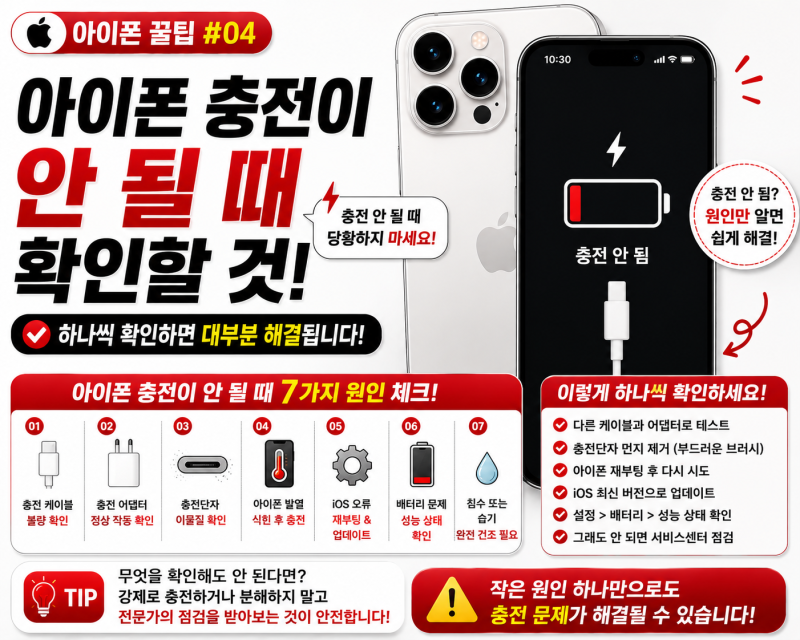 아이폰 꿀팁 #04아이폰 충전 안 될 때 확인할 7가지충전기를 꽂아도 반응이 없다면?