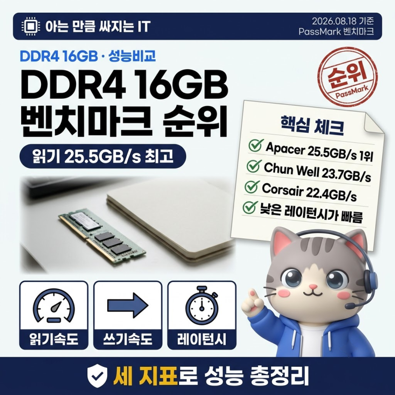 DDR4 16GB 램 PassMark 성능순위와 읽기 쓰기 속도
