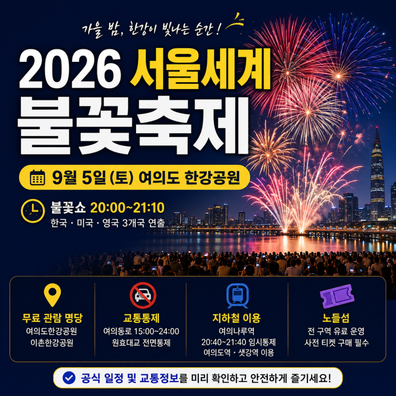 2026 서울세계불꽃축제 9월 5일, 시간·무료 명당·교통통제 정리