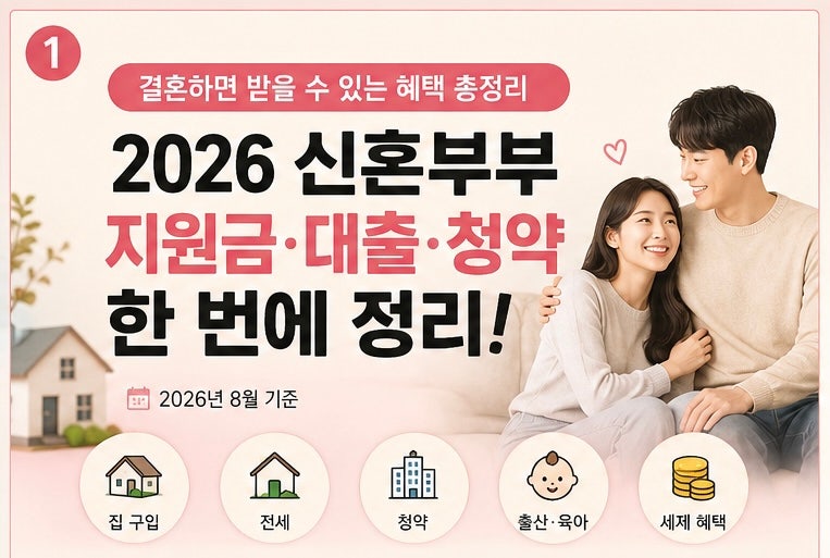 결혼하면 받을 수 있는 혜택 총정리｜2026 신혼부부 지원금·대출·청약 한 번에 정리