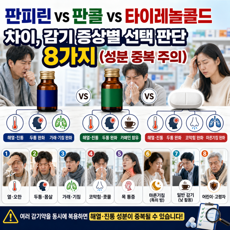 판피린 vs 판콜 vs 타이레놀콜드 차이, 감기 증상별 선택 판단 8가지 (성분 중복 주의)