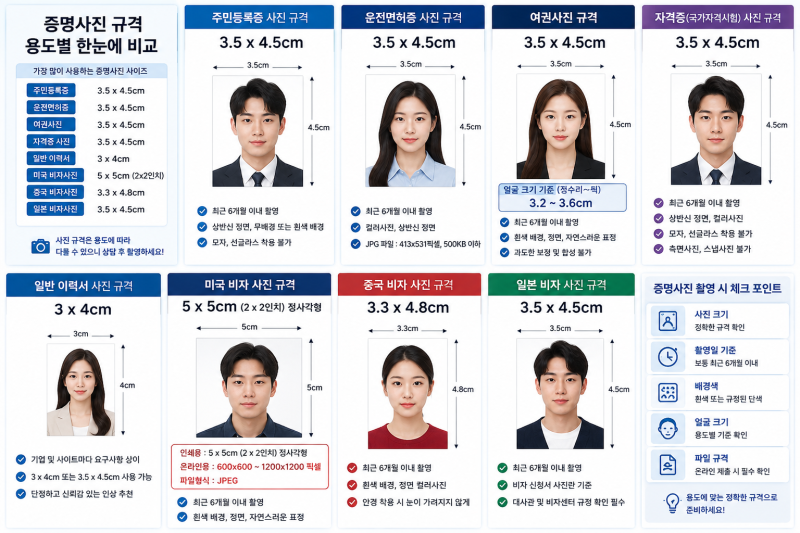 증명사진 규격 용도별 한눈에 신분증·자격증·비자·이력서 사이즈 비교