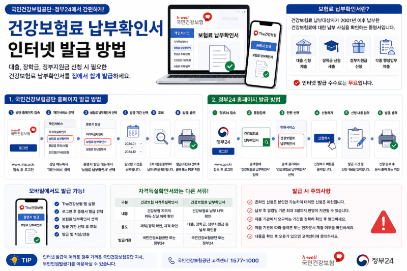 건강보험료 납부확인서 인터넷 발급 방법｜국민건강보험공단·정부24에서 쉽게 발급하기