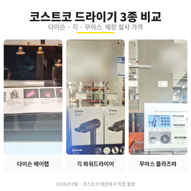 코스트코 드라이기 3종 비교, "4만원도 안 되는 게 이 정도야?" 다이슨·긱·무아스 매장 후기
