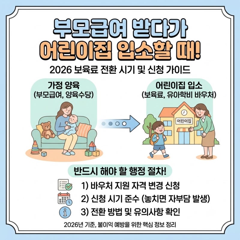부모급여 받다가 어린이집 입소할 때! 2026 보육료 전환 시기 및 신청 가이드