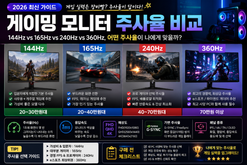 게이밍 모니터 144Hz면 충분할까? 165Hz·240Hz 비교해보니 답이 보였다