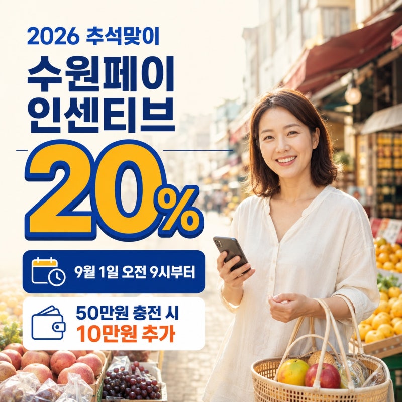 2026 수원페이 9월 추석 인센티브 20% 지급, 50만원 충전하면 10만원 추가확인하기