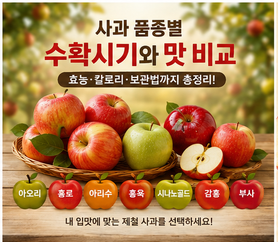사과 품종별 수확시기와 맛 비교: 홍로 아리수 감홍 홍옥 부사 총정리 (효능·칼로리·보관법....