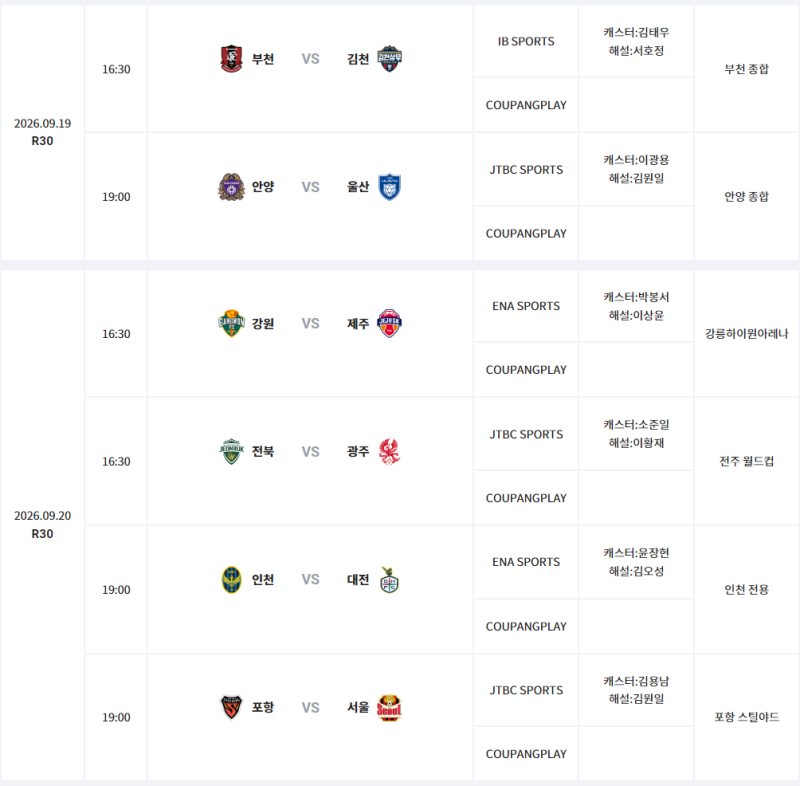 A매치 브레이크를 앞둔 순위싸움 '2026 K리그1 30라운드 & K리그2 27라운드'를 알아보자