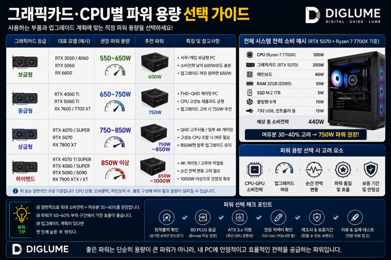 게이밍 PC 파워 고르는 법｜600W·750W·850W 차이, 그래픽카드별 적정 용량은?