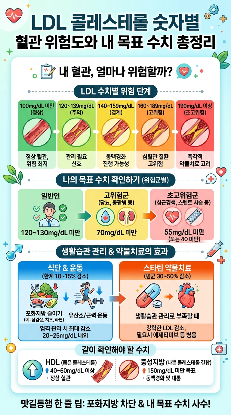 LDL 콜레스테롤 120·140·160·190mg/dL, 숫자별 혈관 위험도와 내 목표 수치 총정리