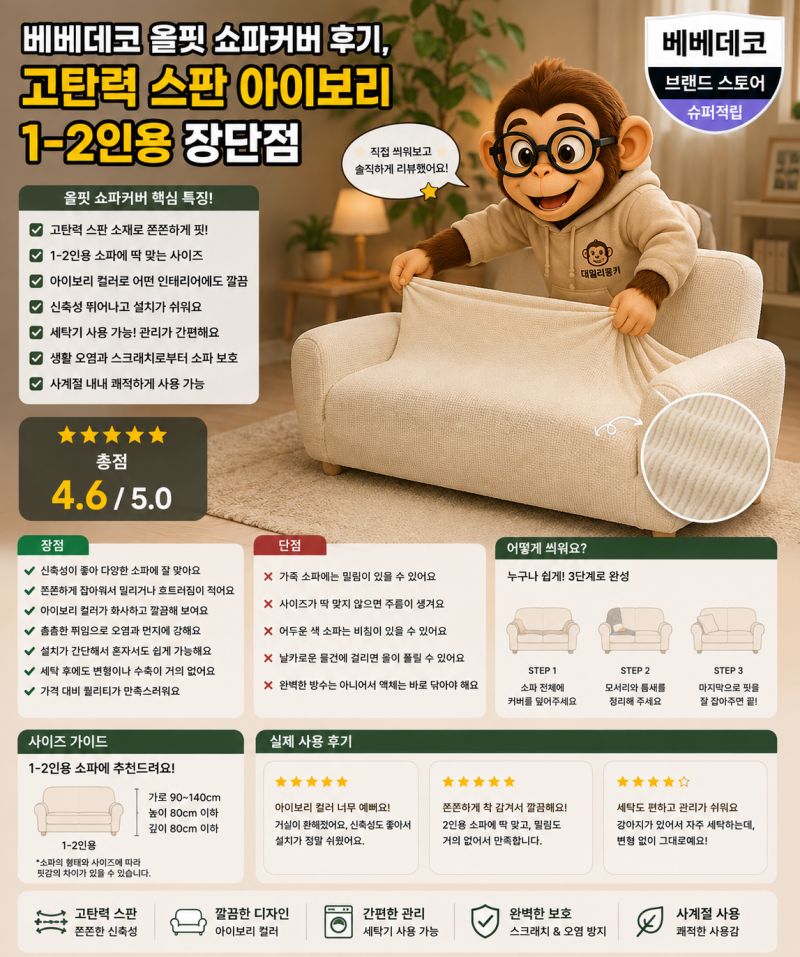 베베데코 올핏 쇼파커버 후기, 고탄력 스판 아이보리 1-2인용 장단점