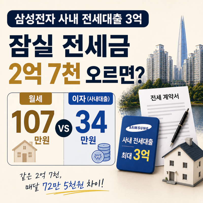 삼성전자 사내 전세대출 3억, 잠실 전세금 2억 7천 오르면 월세 107만원 vs 이자 34만원
