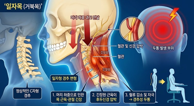 일자목(거북목)으로 인해 발생하는 두통 참으면 안되는 이유