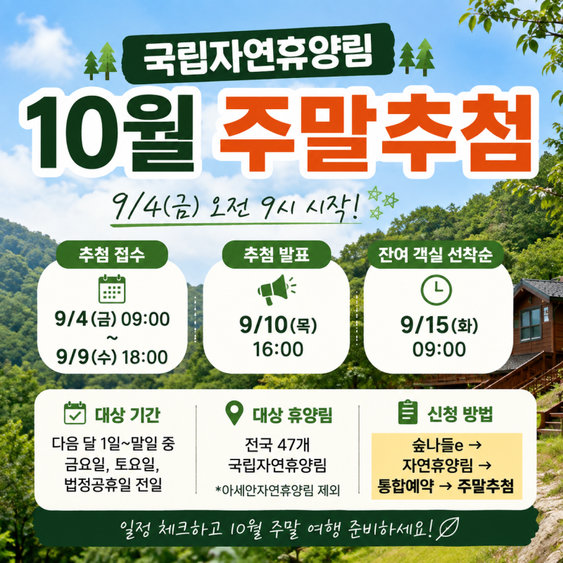 국립자연휴양림 10월 주말 추첨 신청(9/4~)