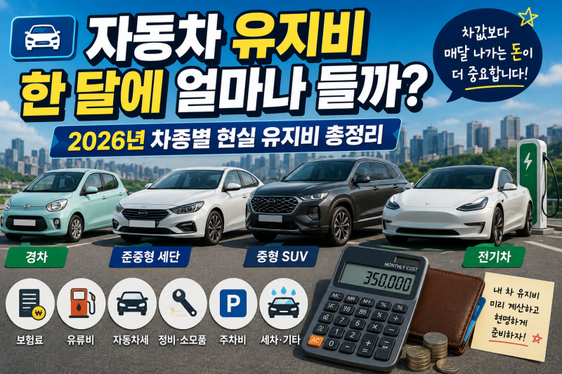 자동차 유지비 한 달에 얼마나 들까?2026년 차종별 현실 유지비 총정리