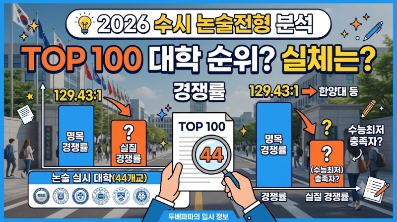 2026 수시 논술전형 모집인원 및 실질 경쟁률 기준 전국 대학교 랭킹 TOP 100