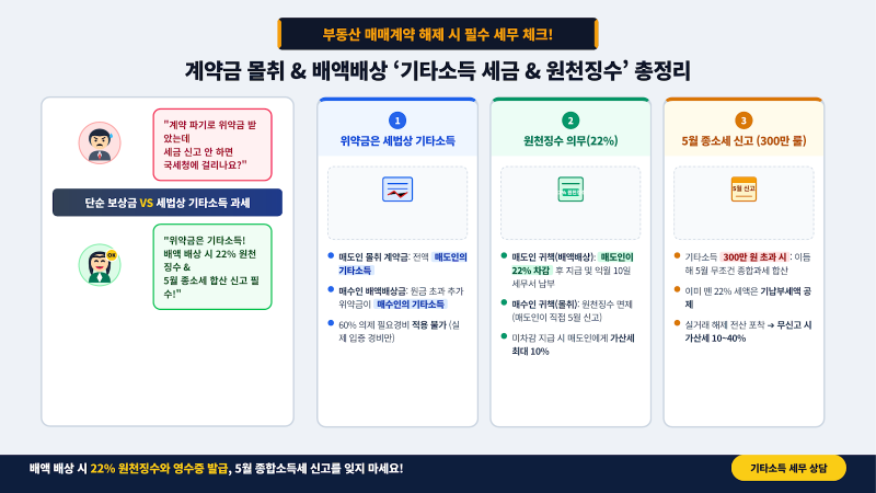 [양도소득세,종합소득세] 부동산 계약 파기 위약금에도 세금이 붙는다? 기타소득 22% 원천징....