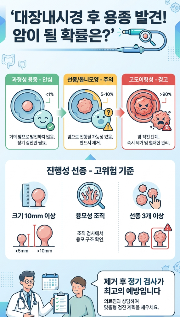 대장내시경에서 용종 나왔다면?｜암이 될 확률·조직검사·제거 후 관리 총정리