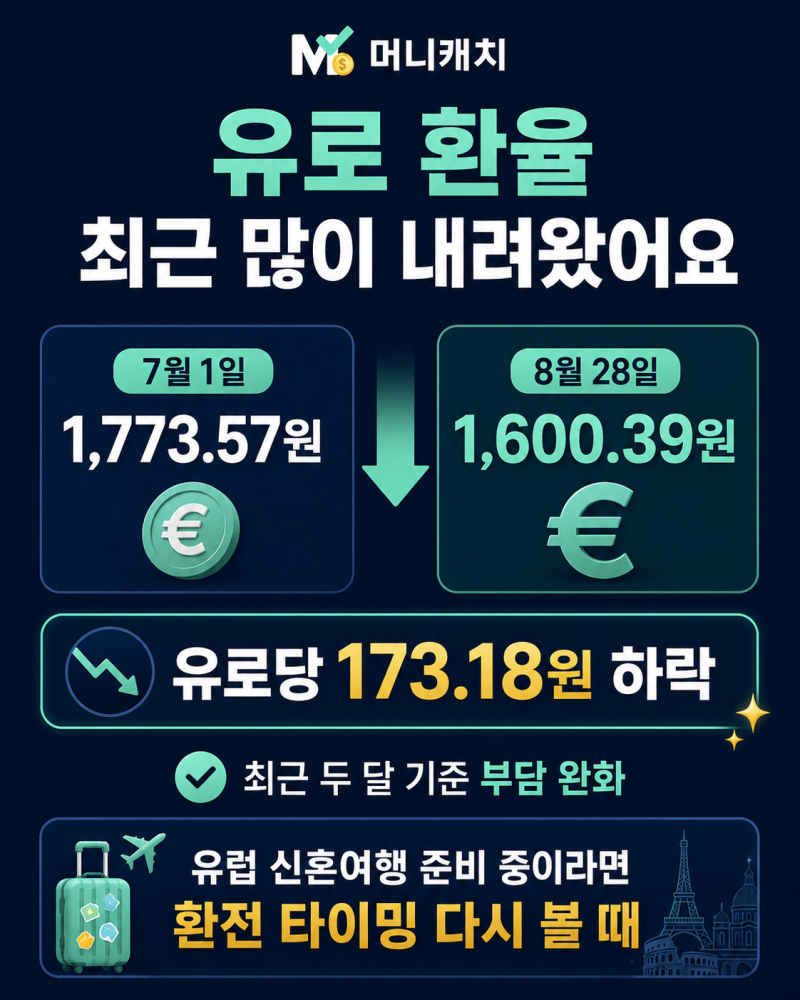 유로 환율 1600원대, 유럽 신혼여행 환전 지금 해도 될까? 3000유로면 52만원 차이