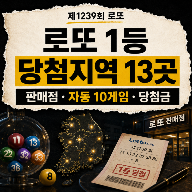 로또 1239회 당첨번호, 1등 당첨지역·판매점 13곳 어디? 당첨금 실수령액