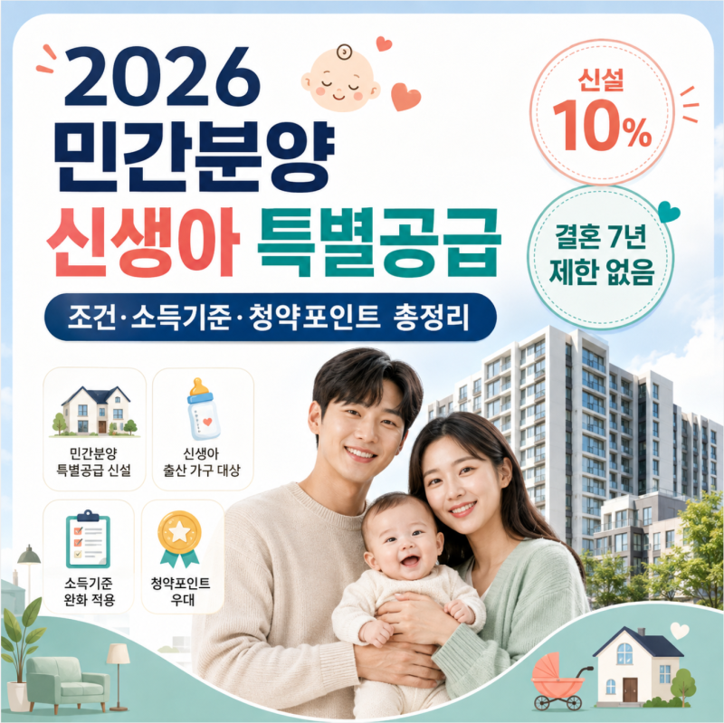 2026 신생아 특별공급 조건 총정리｜민간분양 10% 신설, 소득·자산 기준까지