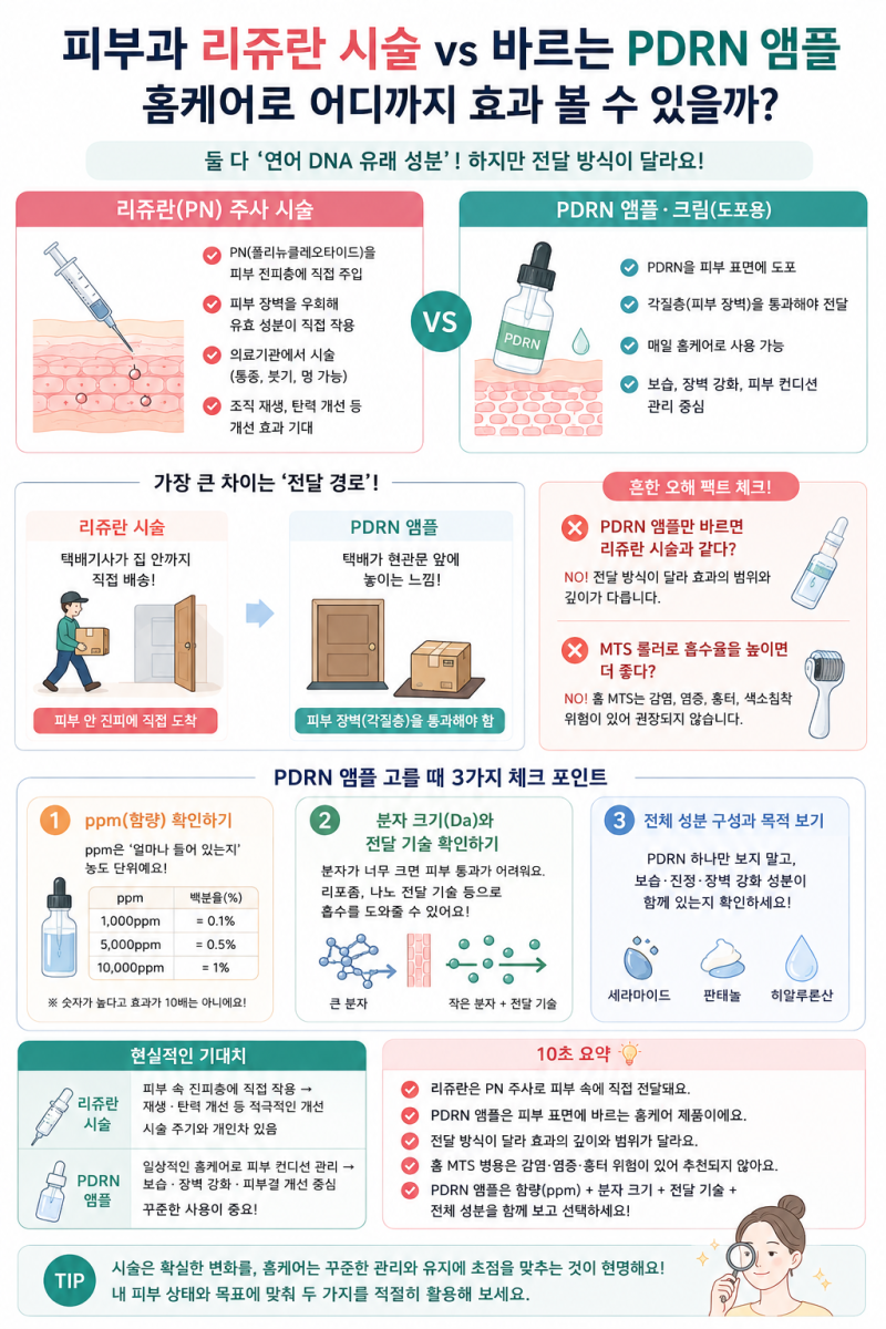 피부과 리쥬란 vs 바르는 PDRN 앰플, 홈케어로 어디까지 효과 볼 수 있을까?