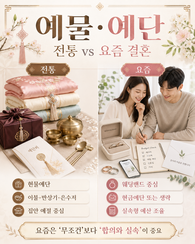 예물 예단 뜻 차이 총정리｜요즘 결혼은 어디까지? 예단비·봉채비·평균 비용