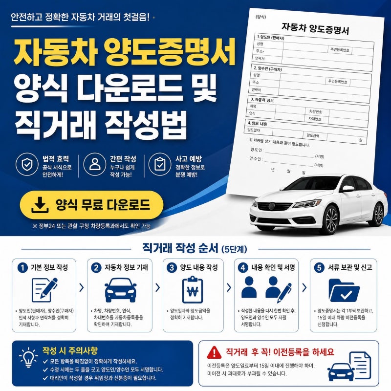 자동차 양도증명서 양식 다운로드 및 직거래 작성법