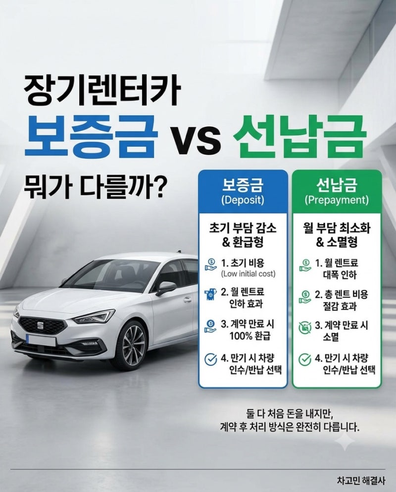 장기렌터카 보증금 vs 선납금 차이점 총정리/월 렌트료만 보고 선택하면 안 되는 이유