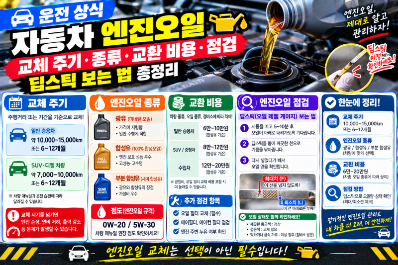 [운전 상식] 자동차 엔진오일 교체 주기 종류 교환 비용 점검 딥스틱 보는 법