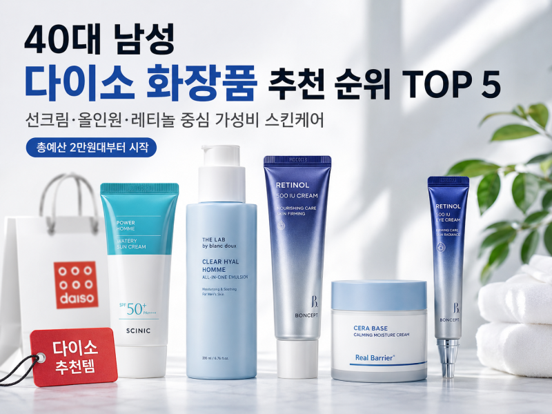 40대 남성 다이소 화장품 추천 순위 TOP 5선크림·올인원·레티놀 중심, 2만원대로 시작하는 가....
