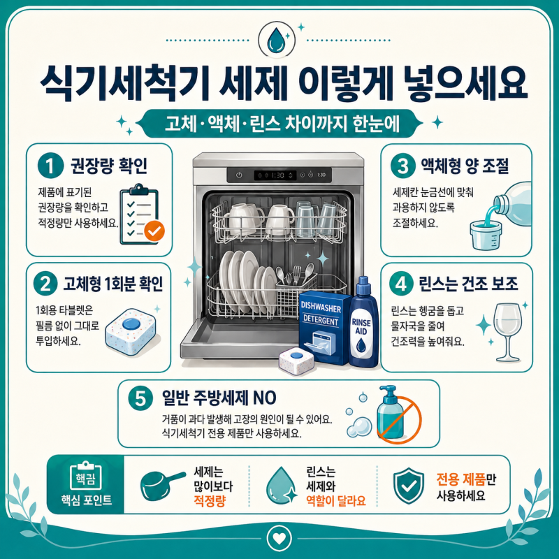 식기세척기 세제 넣는 양, 고체·액체 세제와 린스 차이 정리