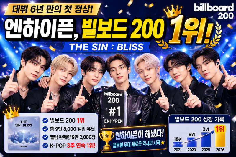 엔하이픈 빌보드 200 1위, 데뷔 6년 만에 정상…두 번의 2위 끝에 이뤄낸 기록
