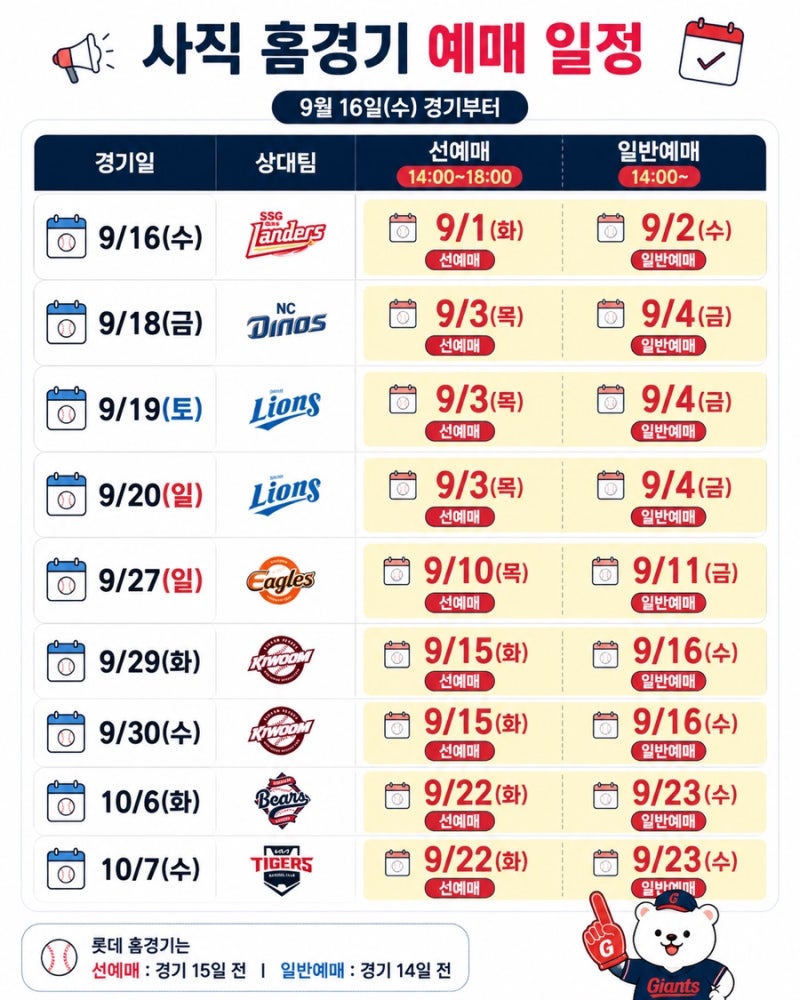 2026 롯데 자이언츠 9월 10월 사직 홈경기 예매 일정｜티켓팅 날짜·우취 잔여경기