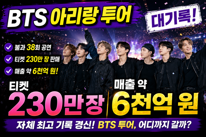BTS 아리랑 투어 230만 장 판매? 6천억 매출 규모 총정리｜자체 최고 기록 경신