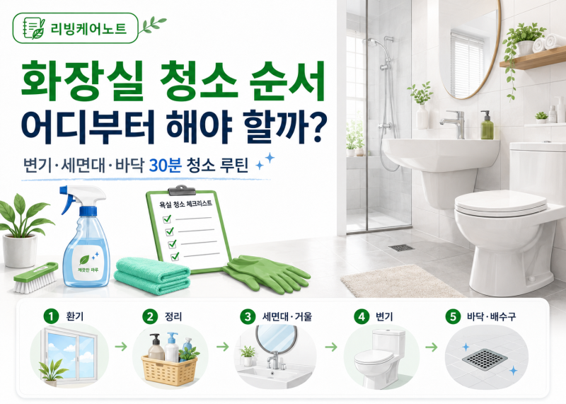 화장실 청소 순서 5단계｜변기·세면대·바닥 청소 방법