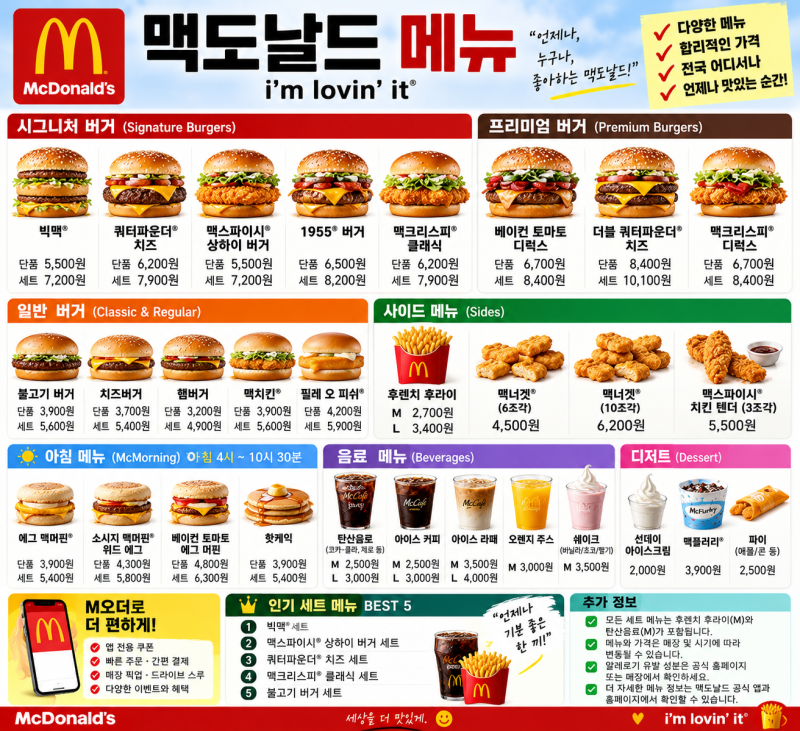 맥도날드 메뉴 2026 총정리｜버거·맥런치·맥모닝·사이드·디저트·가격까지