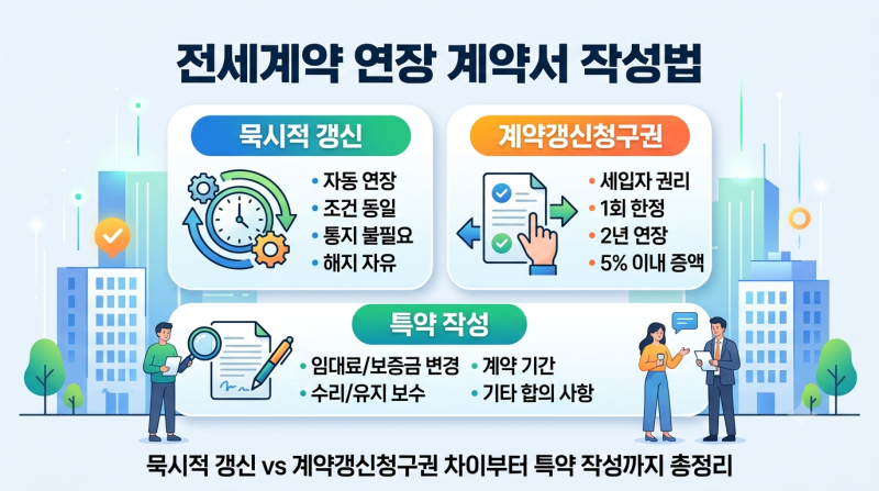 전세계약 연장 계약서 작성법: 묵시적 갱신 vs 계약갱신청구권 차이부터 특약 작성까지 총정....
