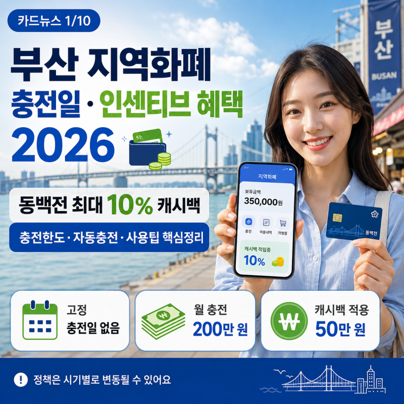 부산 지역화폐 충전일, 인센티브 혜택 2026｜동백전 최대 10% 캐시백·충전한도 총정리