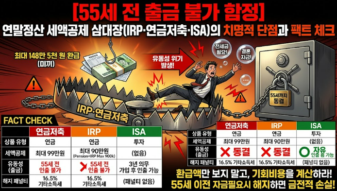 [55세 전 출금 불가 함정]연말정산 세액공제 삼대장(ISA· IRP)의 치명적 단점과 팩트 체크