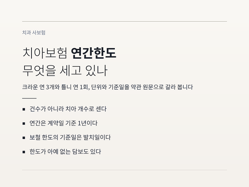 치아보험 연간한도, 크라운 연 3개 틀니 연 1회는 치아 단위로 셉니다